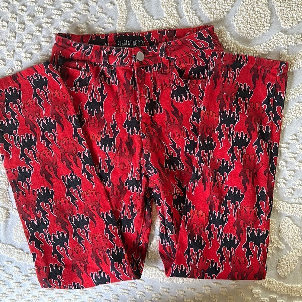 Current Mood Dolls Kill Flame Jeans Cotton Black Red Size XS Spandex
